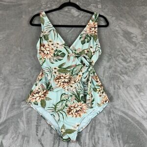 Kona Sol One-Piece Swimsuit Women's L Light Blue Tropical Floral Wrap